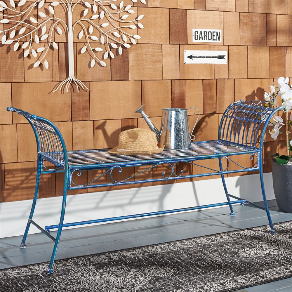 Hailey French Country Antique Blue Iron Outdoor Garden Bench|