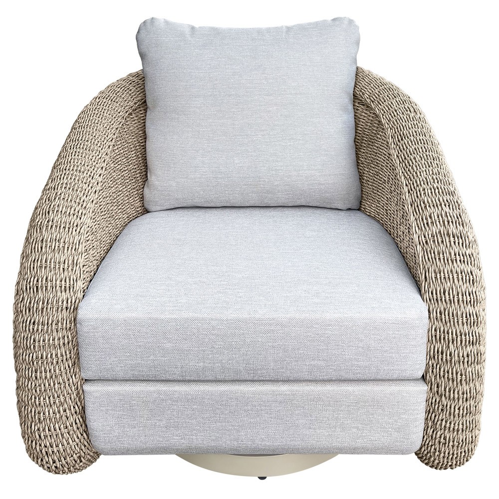 Jillian Coastal Beach Beige Woven Faux Rattan Outdoor Swivel Arm Chair|