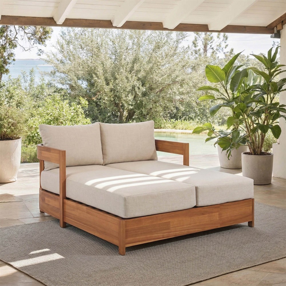 Kenzo Modern Classic Natural Acacia Wood Outdoor Double Chaise Lounge|