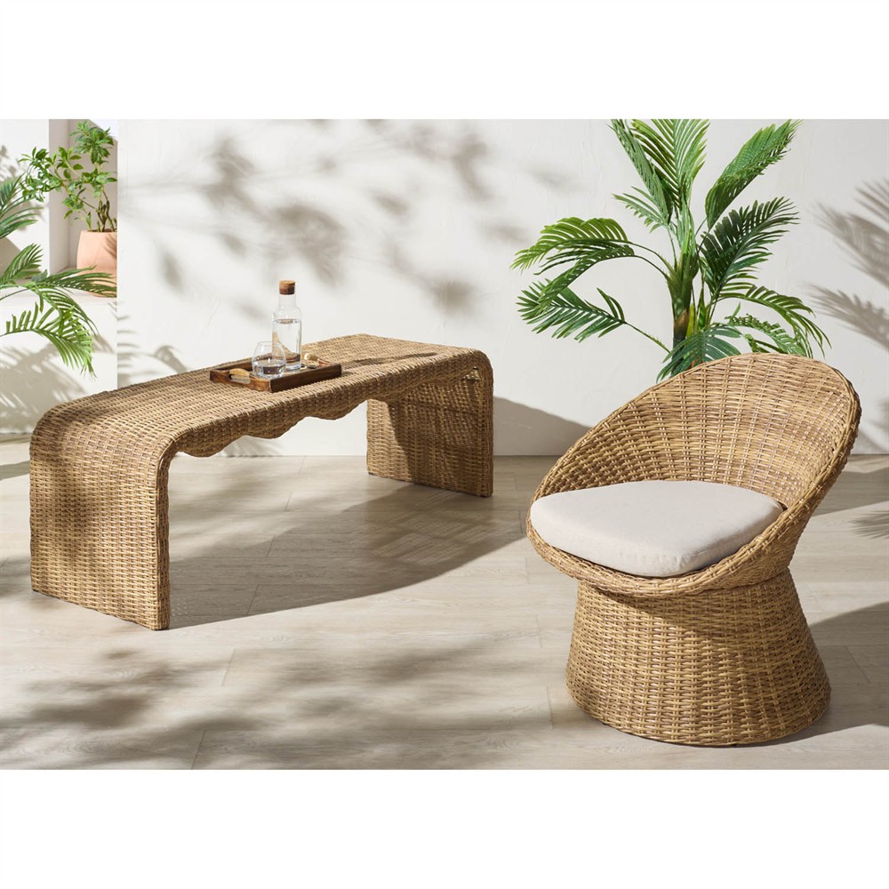 Emmie Coastal Beach Natural Faux Wicker Outdoor Dining Bench|