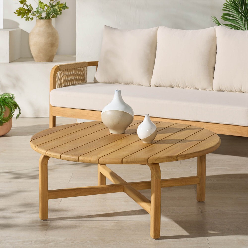 Nina Coastal Beach Natural Teak Round Outdoor Coffee Table|
