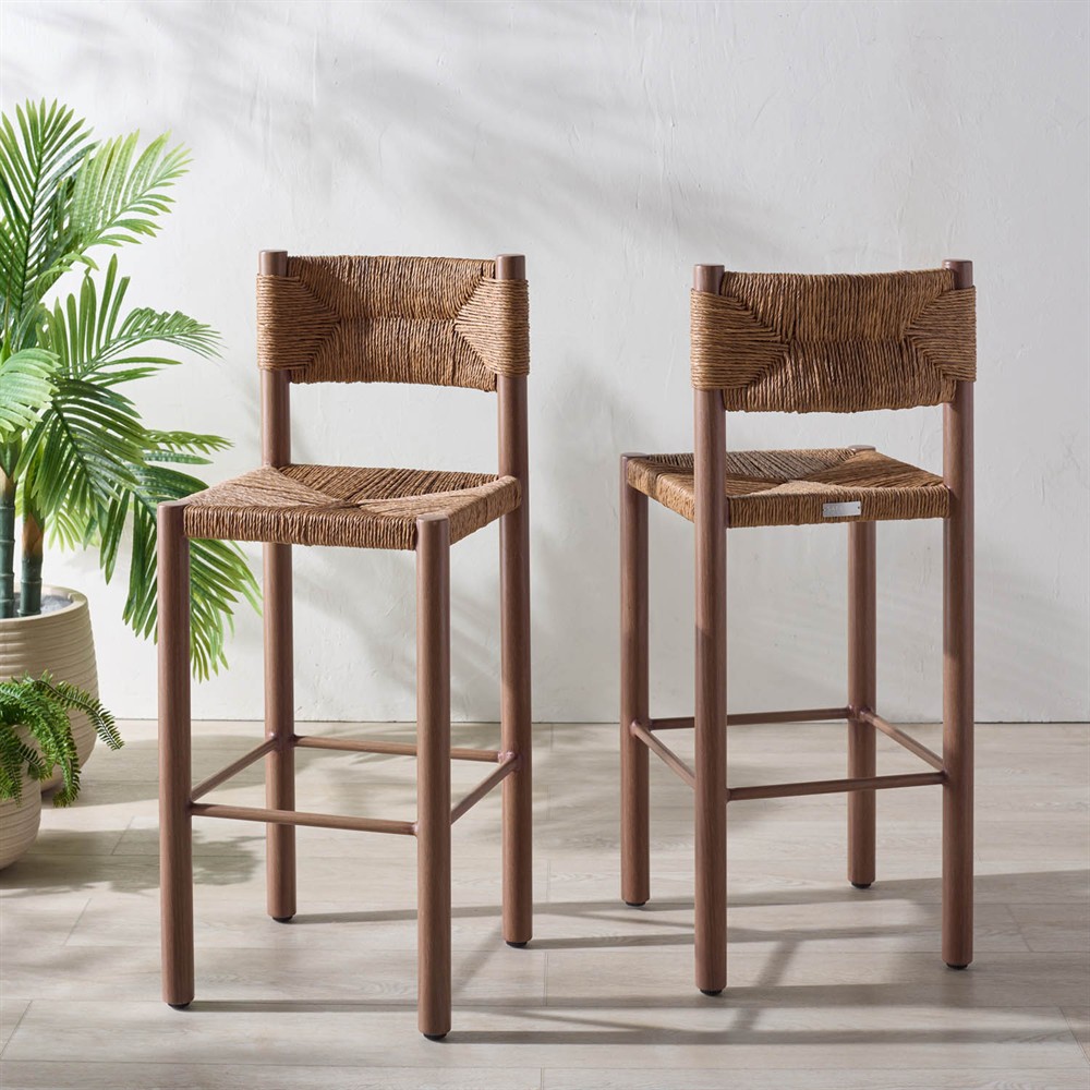 Ramon Coastal Beach Natural Faux Rattan Woven Outdoor Bar Stool - Set of 2|