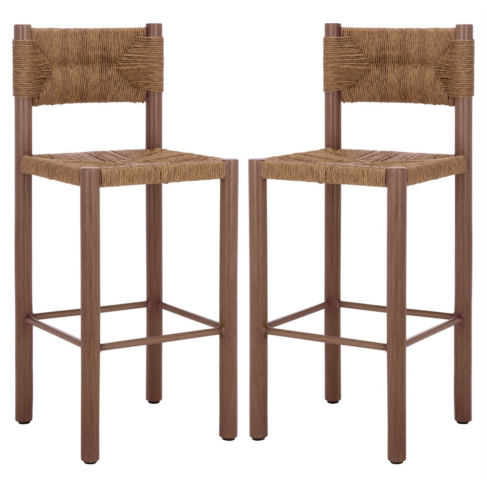 Ramon Coastal Beach Natural Faux Rattan Woven Outdoor Bar Stool - Set of 2|