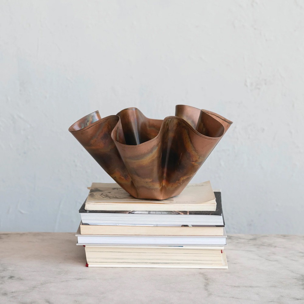 Brynn Updated Traditional Antique Copper Scalloped Table Vase|