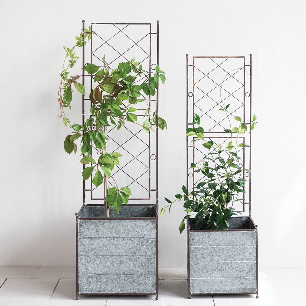 Millie Updated Traditional Silver Iron Trellis Outdoor Planter Box - Set of 2|