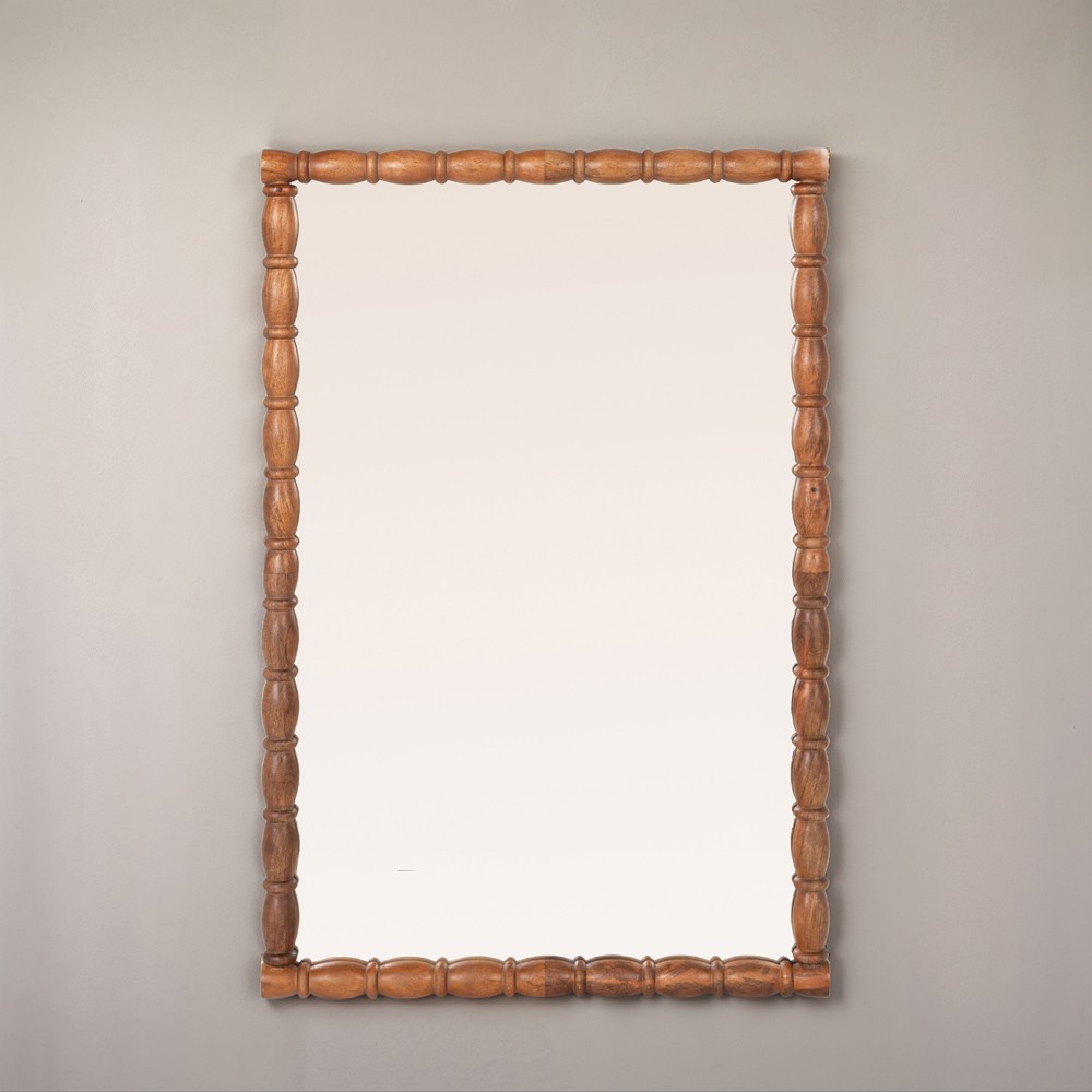 Winona Coastal Walnut Wood Bobbin Frame Rectangular Wall Mirror|