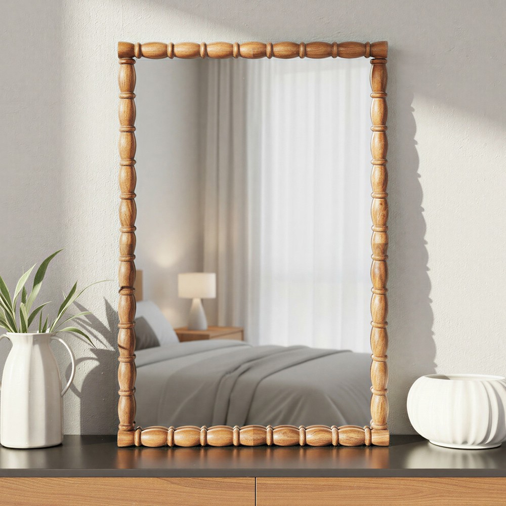 Winona Coastal Walnut Wood Bobbin Frame Rectangular Wall Mirror|