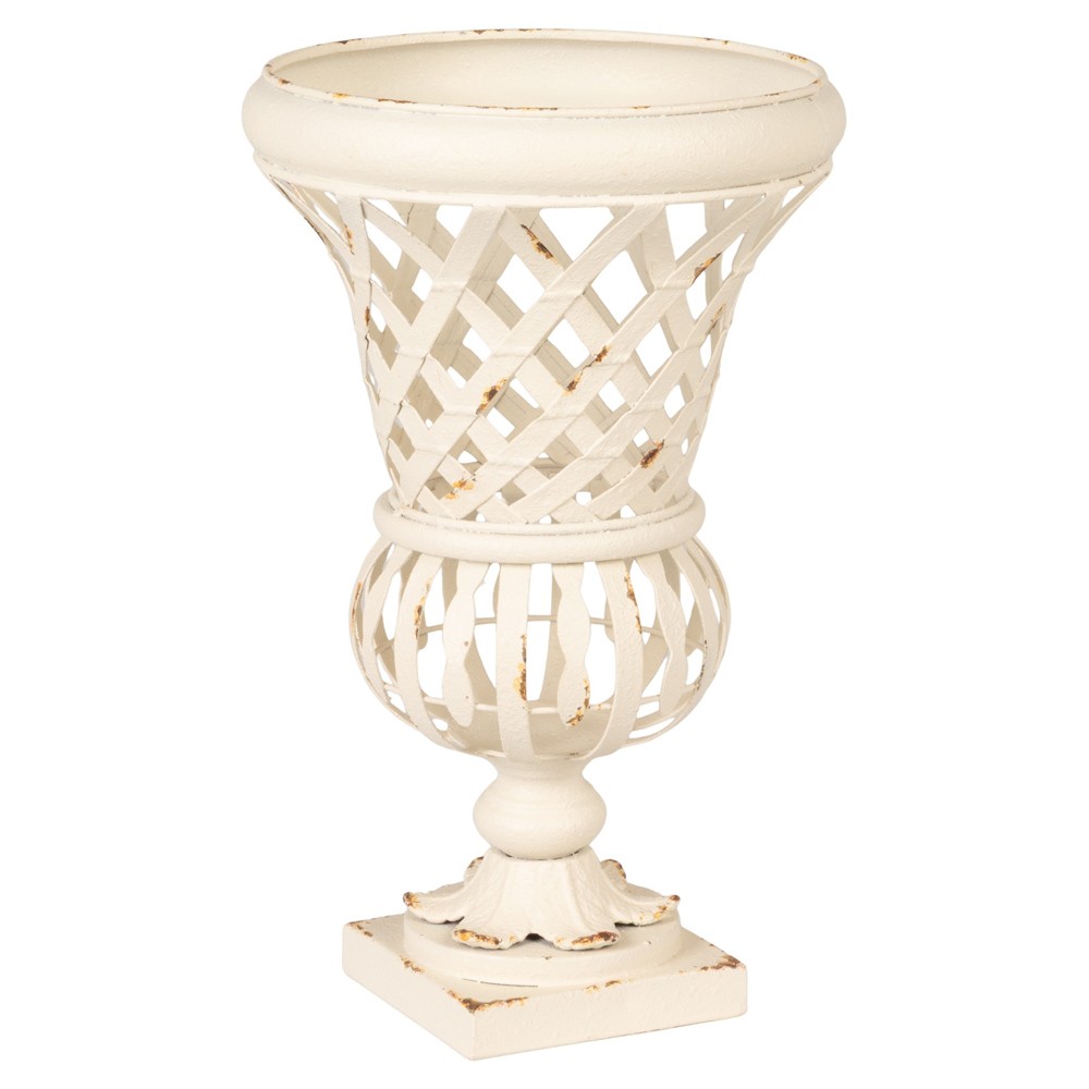 Elodie French Country Distressed White Iron Lattice Urn Planter - 16.5"|