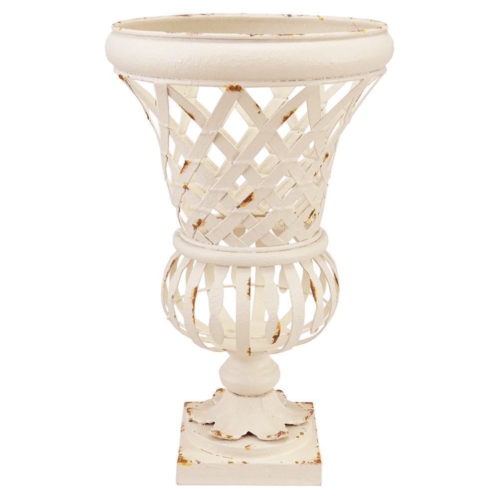 Elodie French Country Distressed White Iron Lattice Urn Planter - 16.5"|