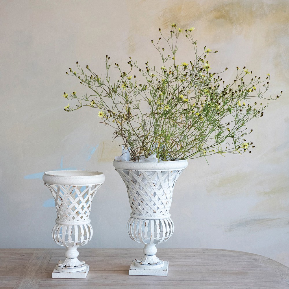 Elodie French Country Distressed White Iron Lattice Urn Planter - 16.5"|