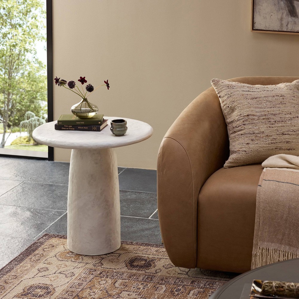 Emilia Modern Classic Off White Concrete Round Pedestal End Table|