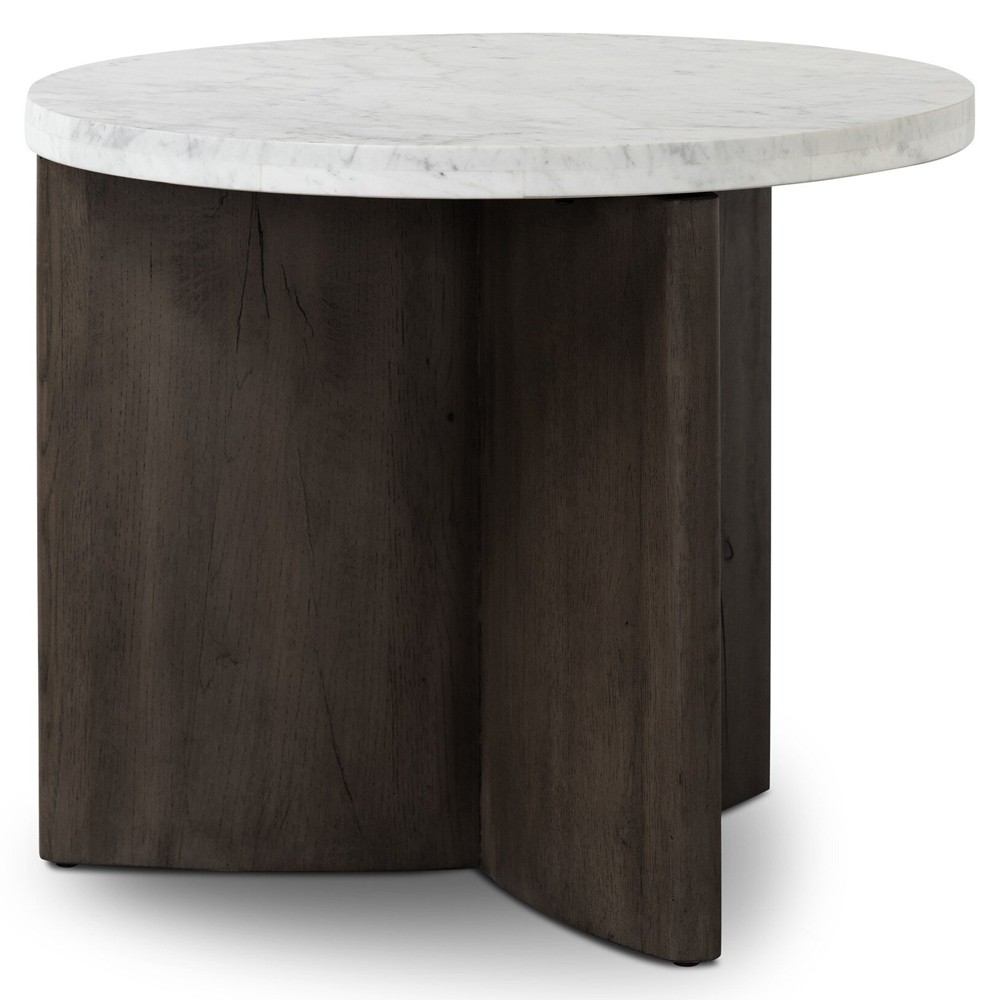 Teddie Rustic Lodge White Marble Black Oak Wood Round End Table|
