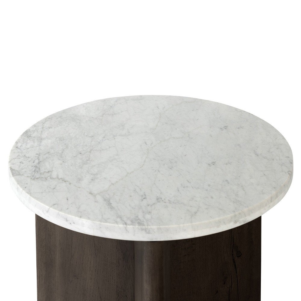 Teddie Rustic Lodge White Marble Black Oak Wood Round End Table|