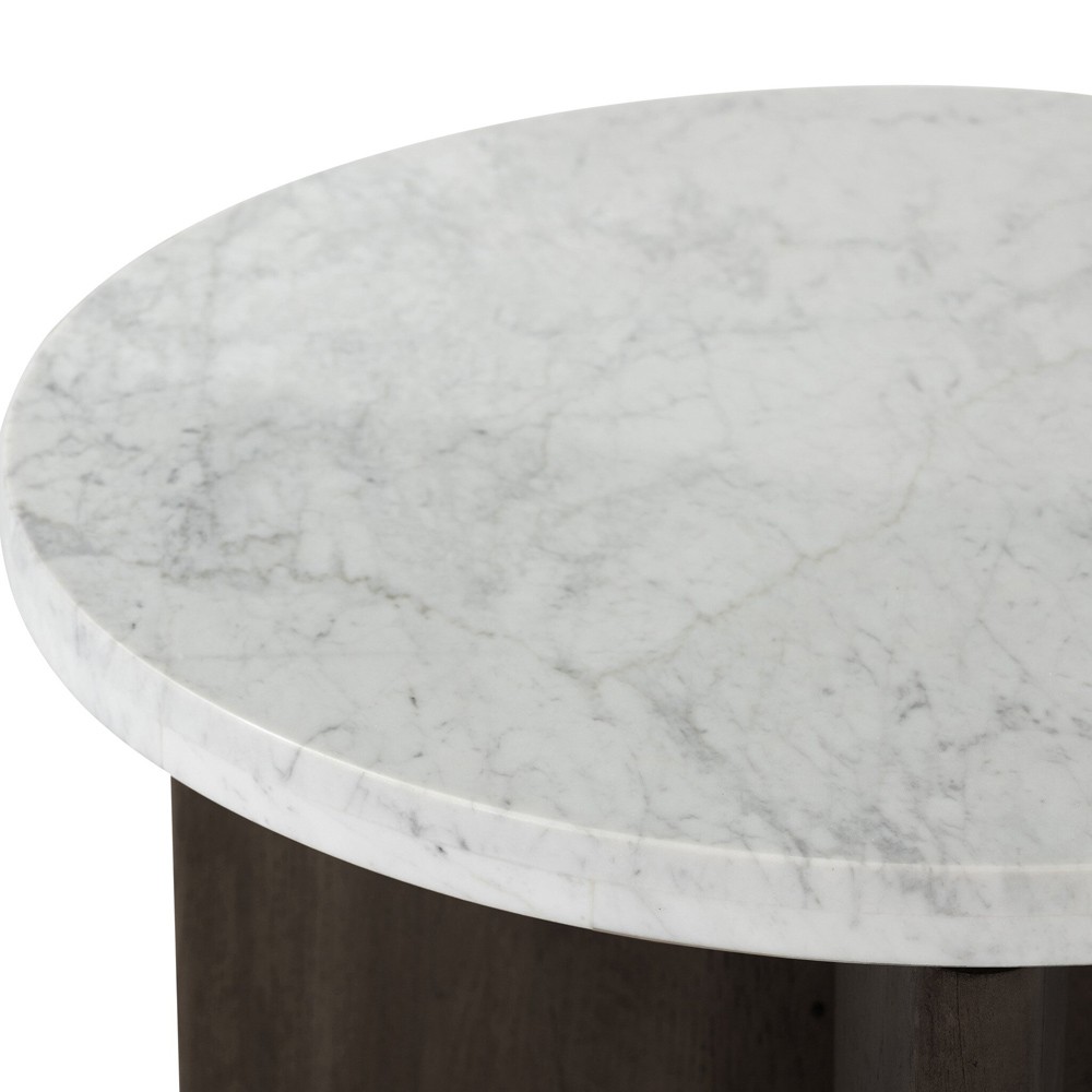 Teddie Rustic Lodge White Marble Black Oak Wood Round End Table|