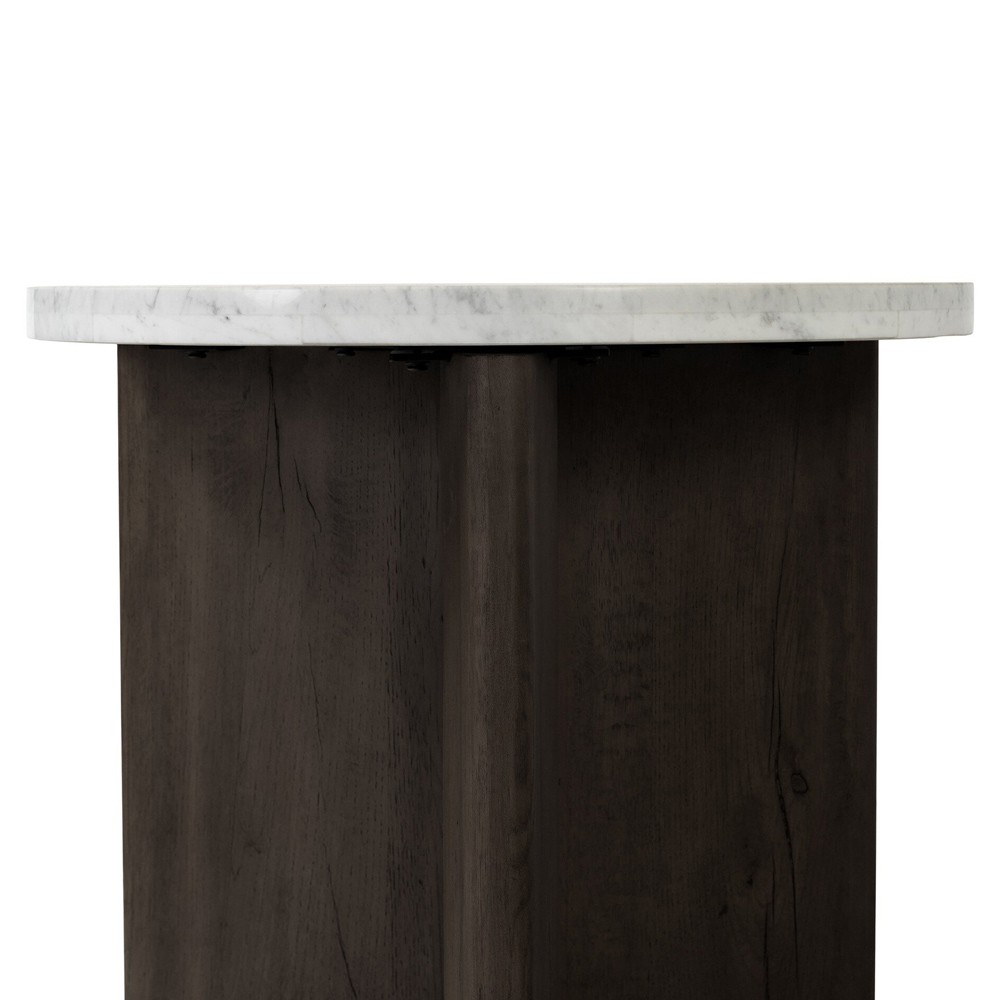 Teddie Rustic Lodge White Marble Black Oak Wood Round End Table|