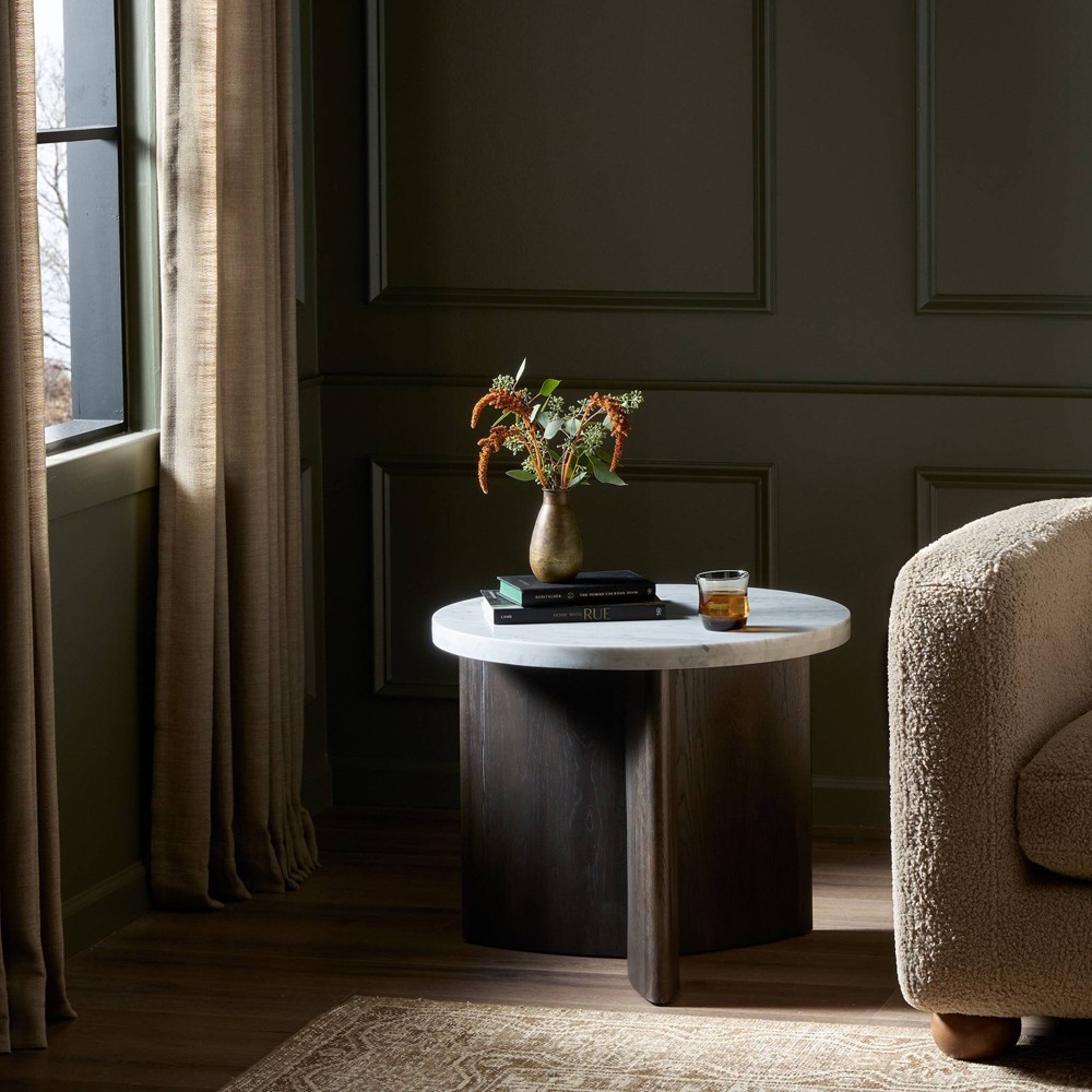 Teddie Rustic Lodge White Marble Black Oak Wood Round End Table|