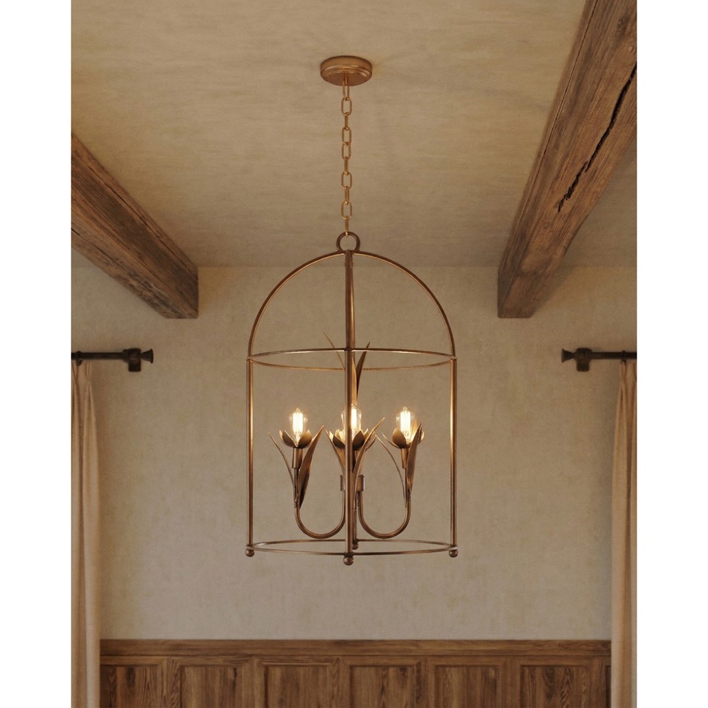 Arden French Country Antique Brass Steel Floral Lantern|