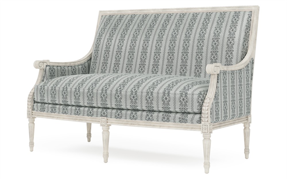 Juliette Seine Blue Stripe Vintage White Settee | Kathy Kuo Home