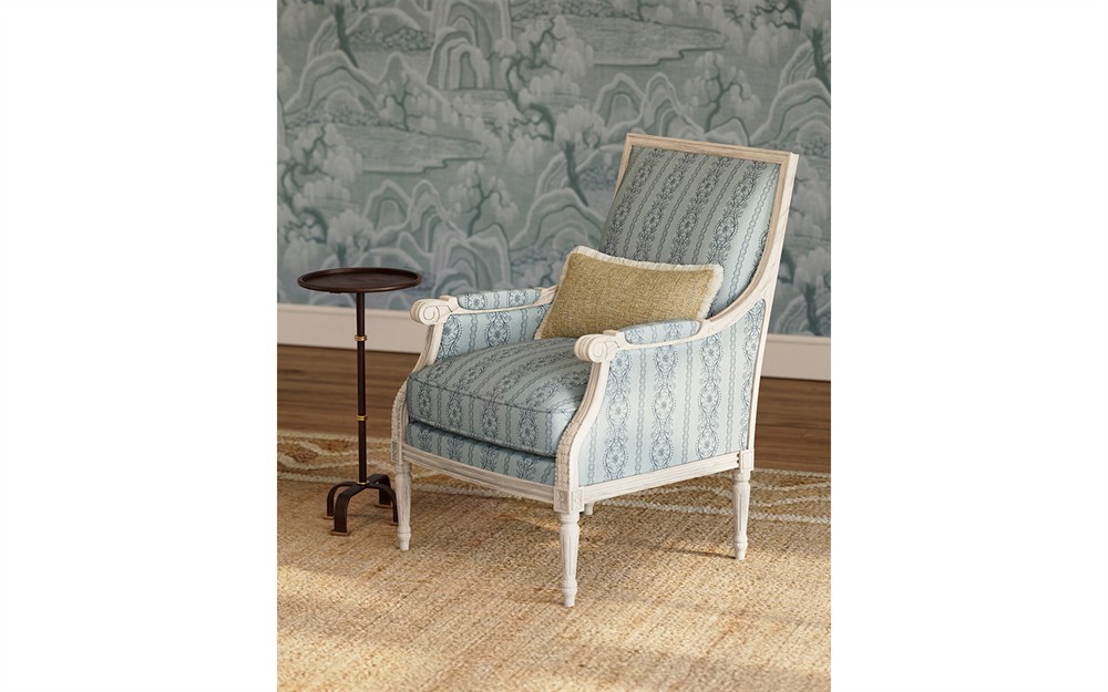 Juliette Seine Blue Stripe Vintage White Bergere Chair|