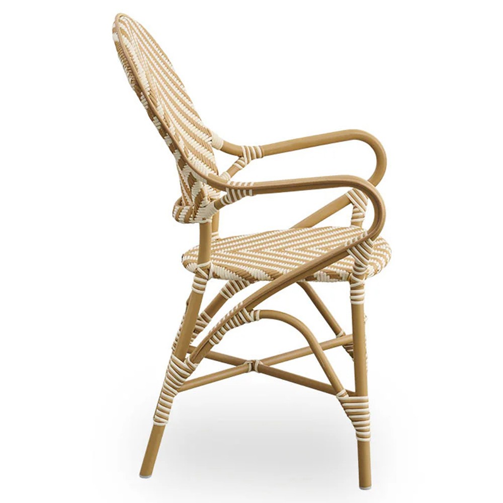 Luke Coastal Beach Cream Light Brown Aluminum Stripe Stackable Outdoor Dining Arm Chair|
