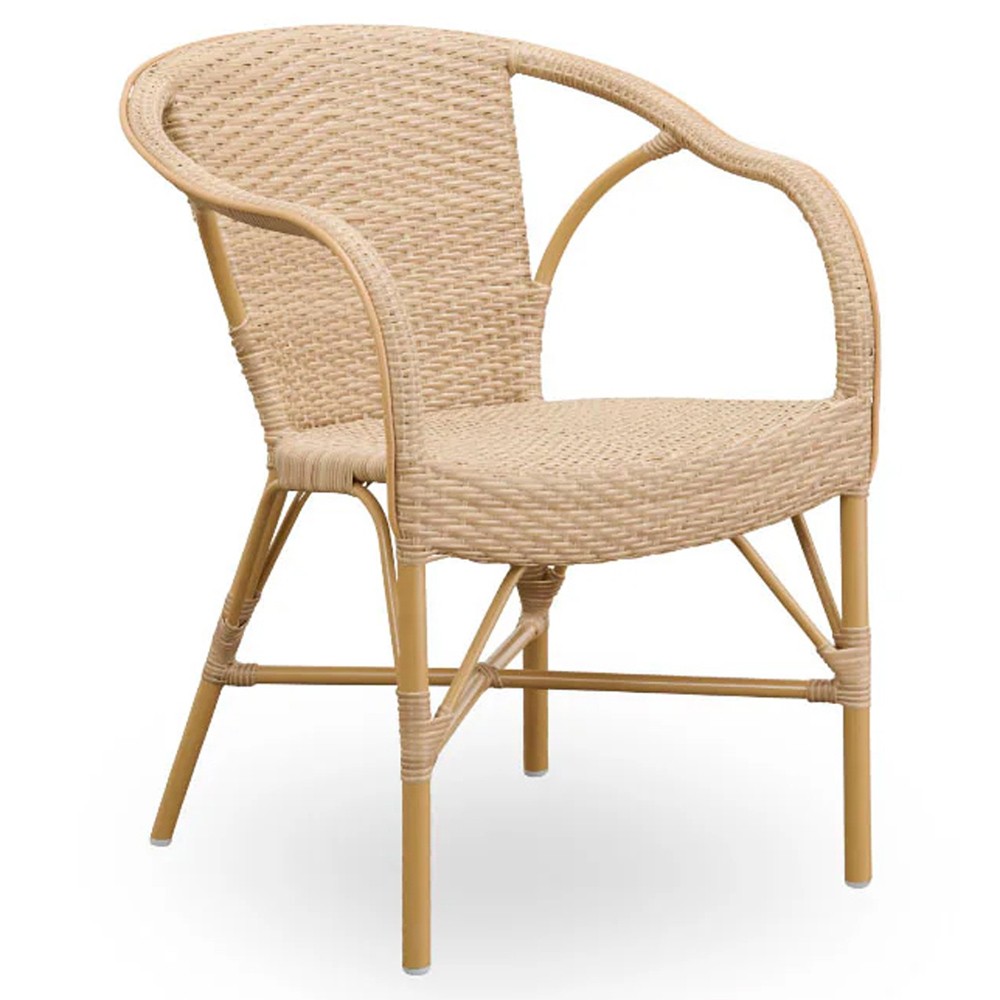 Clara Coastal Beach Brown Woven Aluminum Stackable Outdoor Dining Arm Chair|