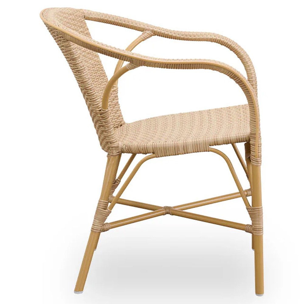 Clara Coastal Beach Brown Woven Aluminum Stackable Outdoor Dining Arm Chair|