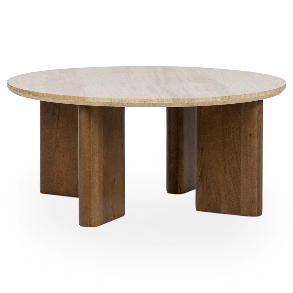 Adalia Modern Classic Travertine Brown Mango Wood Round Coffee Table|