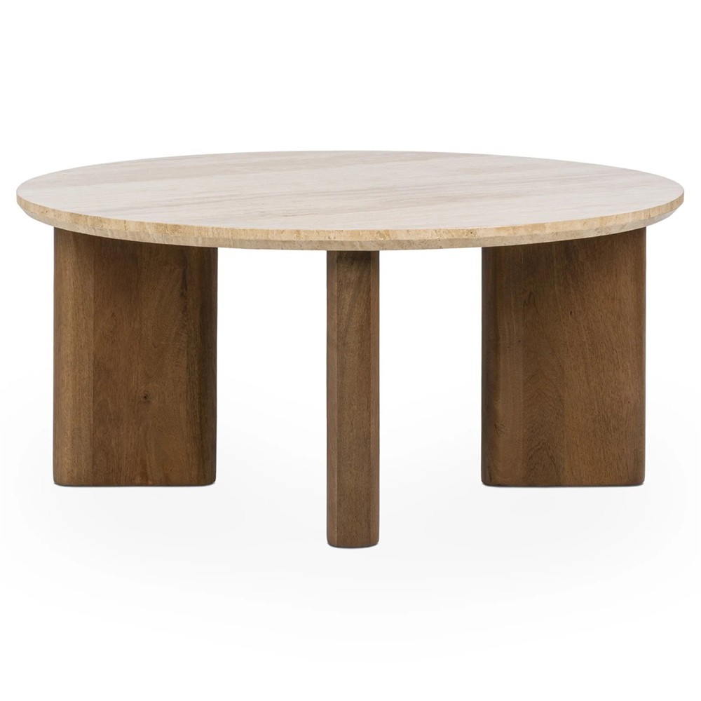 Adalia Modern Classic Travertine Brown Mango Wood Round Coffee Table|