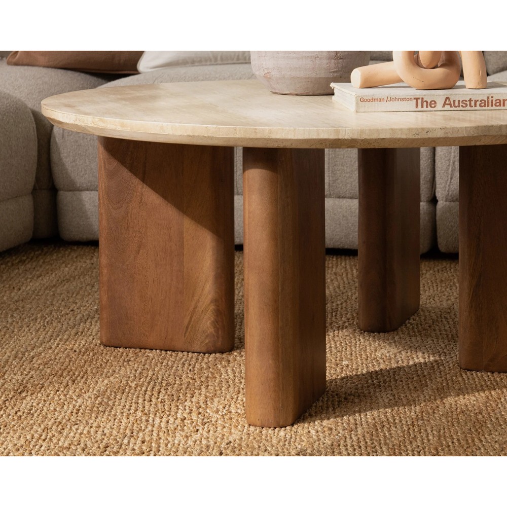 Adalia Modern Classic Travertine Brown Mango Wood Round Coffee Table|