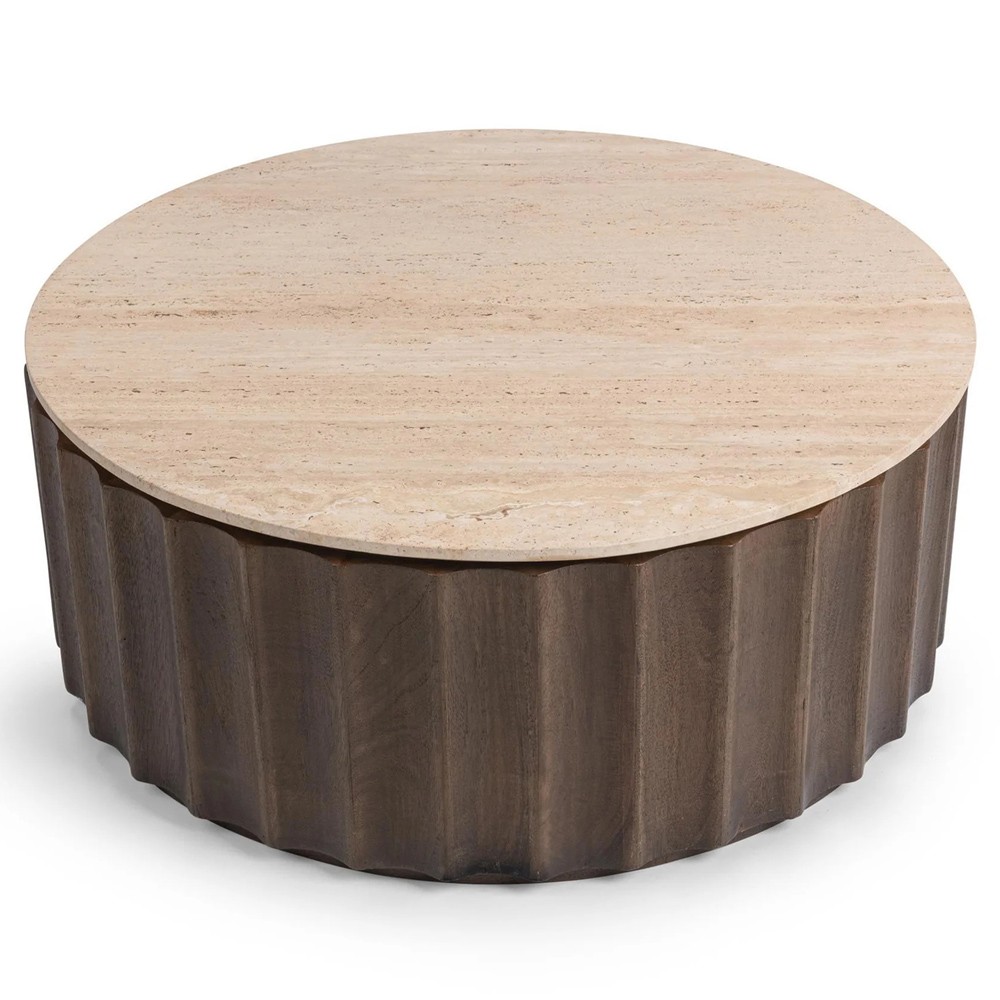 Hailey Modern Classic Travertine Brown Mango Wood Fluted Round Coffee Table|