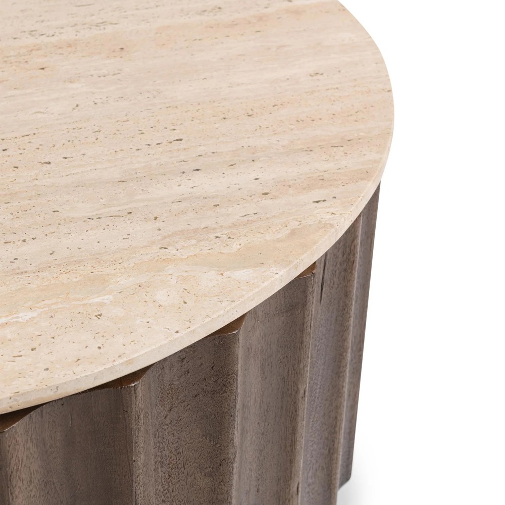 Hailey Modern Classic Travertine Brown Mango Wood Fluted Round Coffee Table|