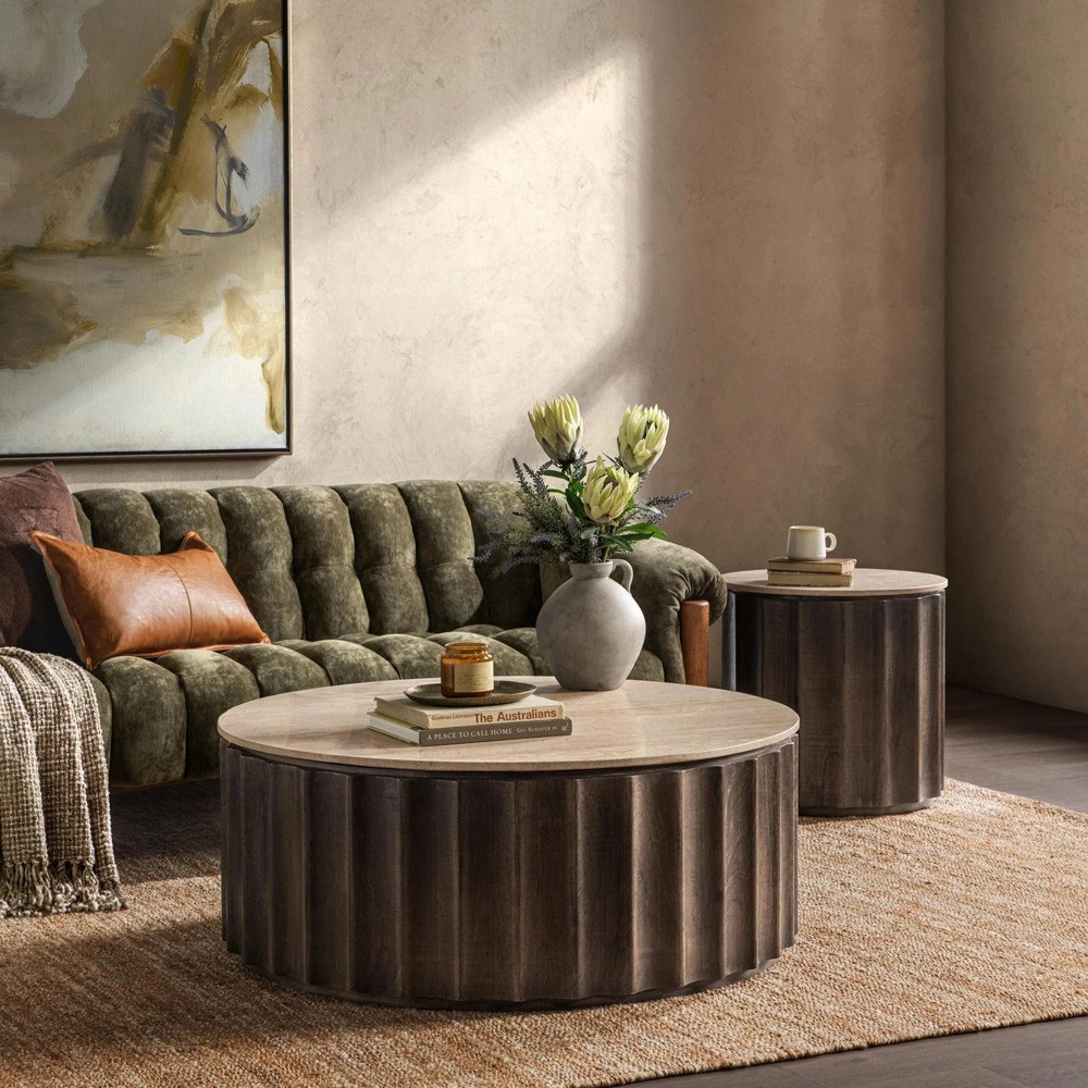 Hailey Modern Classic Travertine Brown Mango Wood Fluted Round Coffee Table|