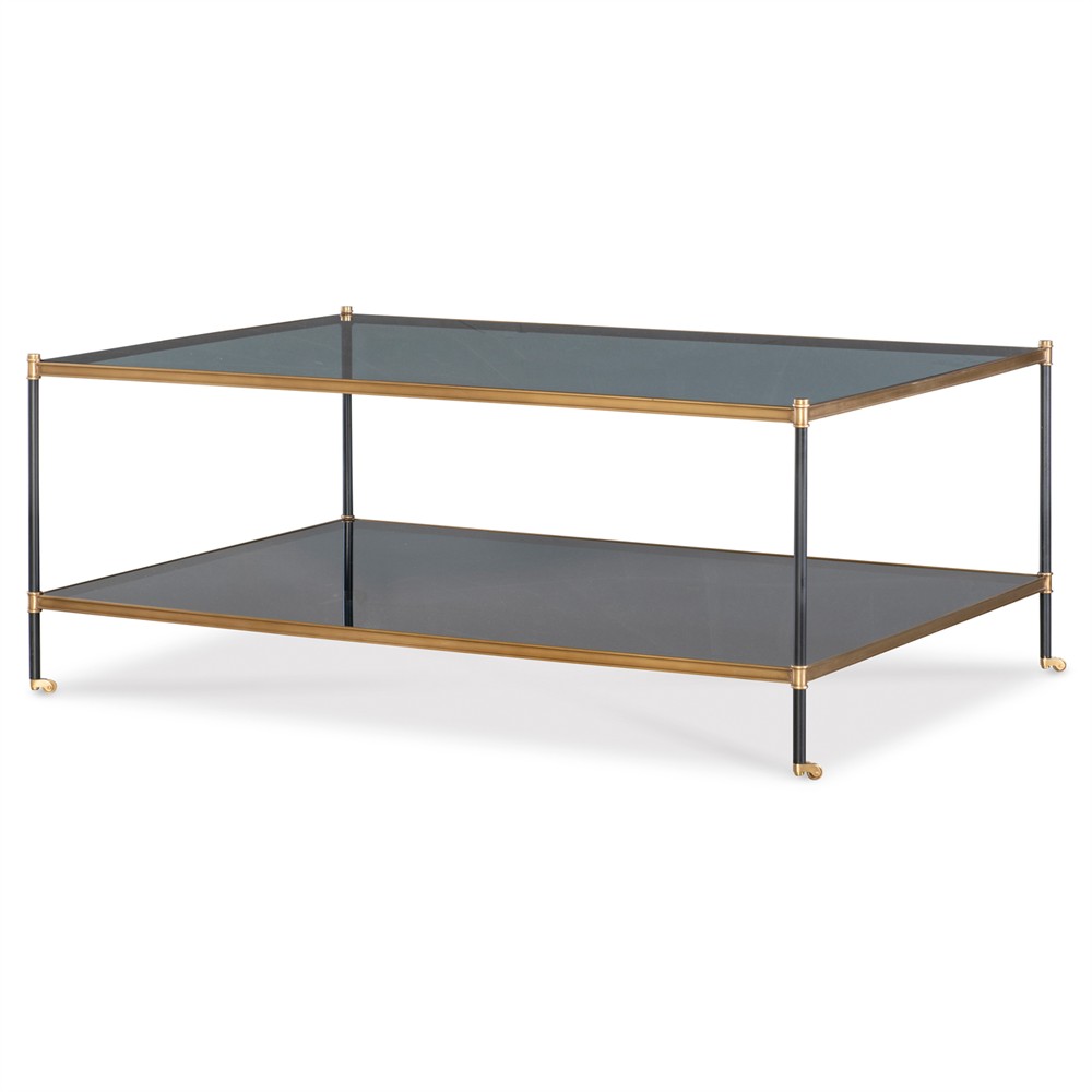 Century Asher Modern Smoked Grey Glass Bronze Metal Rectangular Coffee Table|