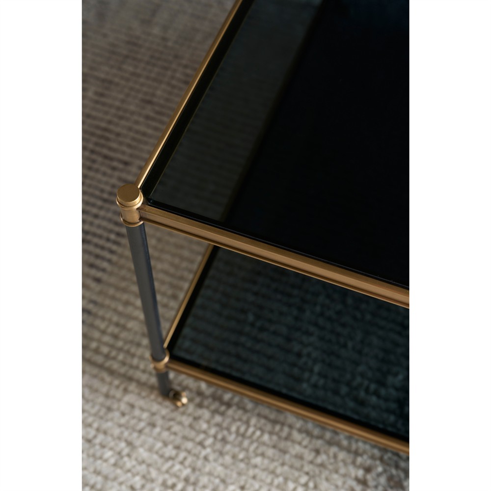 Century Asher Modern Smoked Grey Glass Bronze Metal Rectangular Coffee Table|