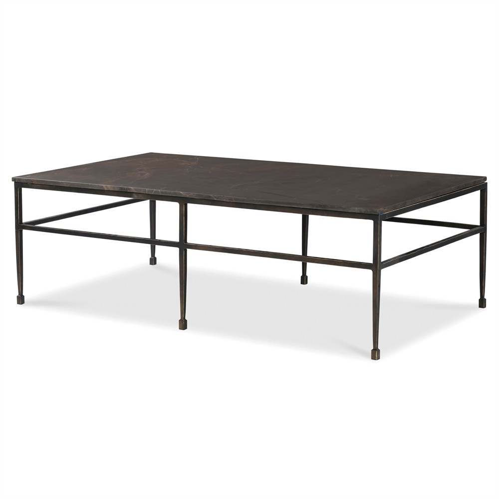 Century Orvieto Updated Traditional Grey Marble Bronze Metal Rectangular Coffee Table|