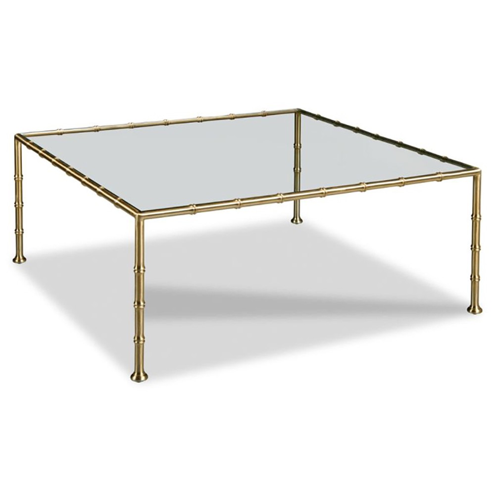 Lacoste Modern Classic Brass Faux Bamboo Glass Square Coffee Table|