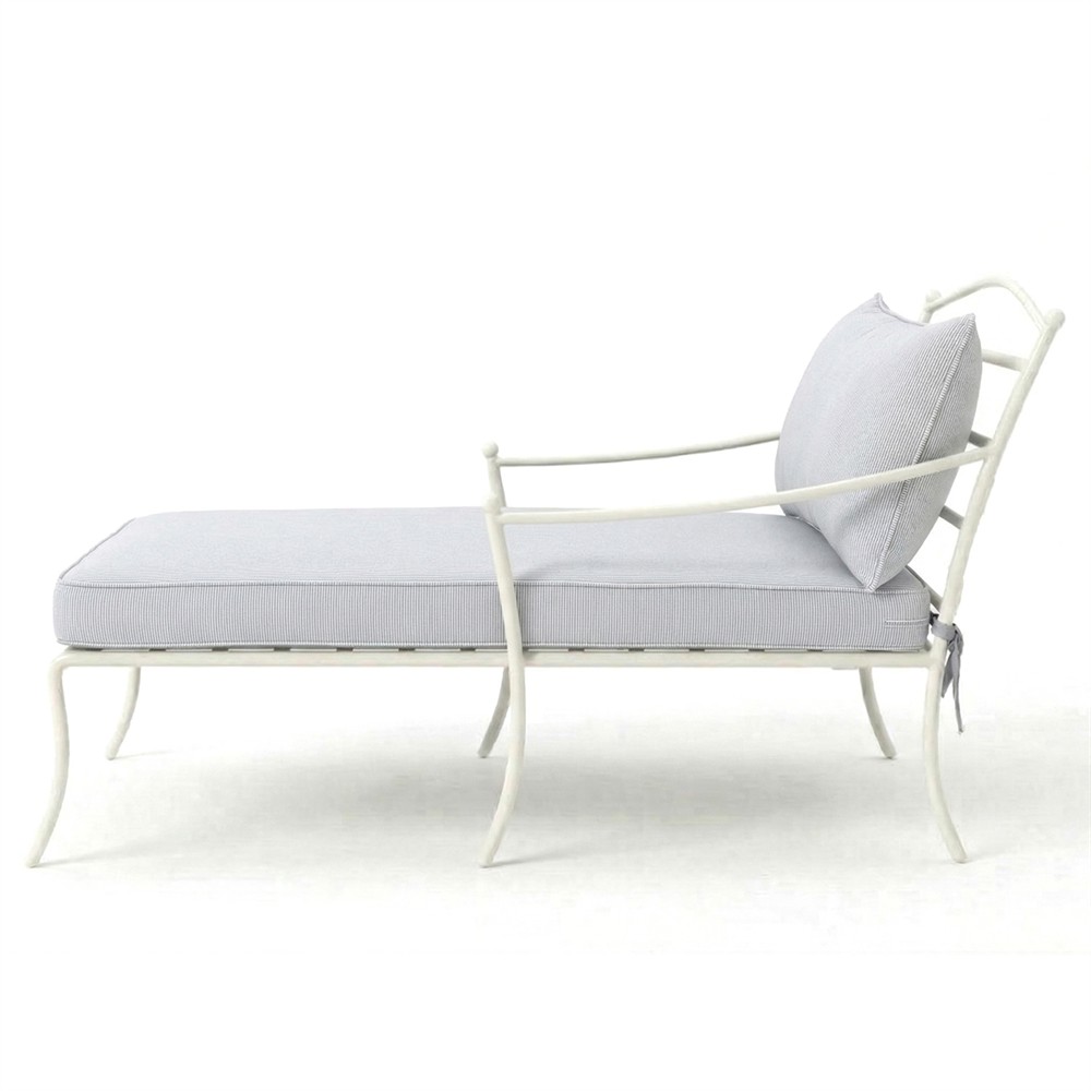 Clemence Sea Breeze Striped Sunbrella White Iron Outdoor Chaise|