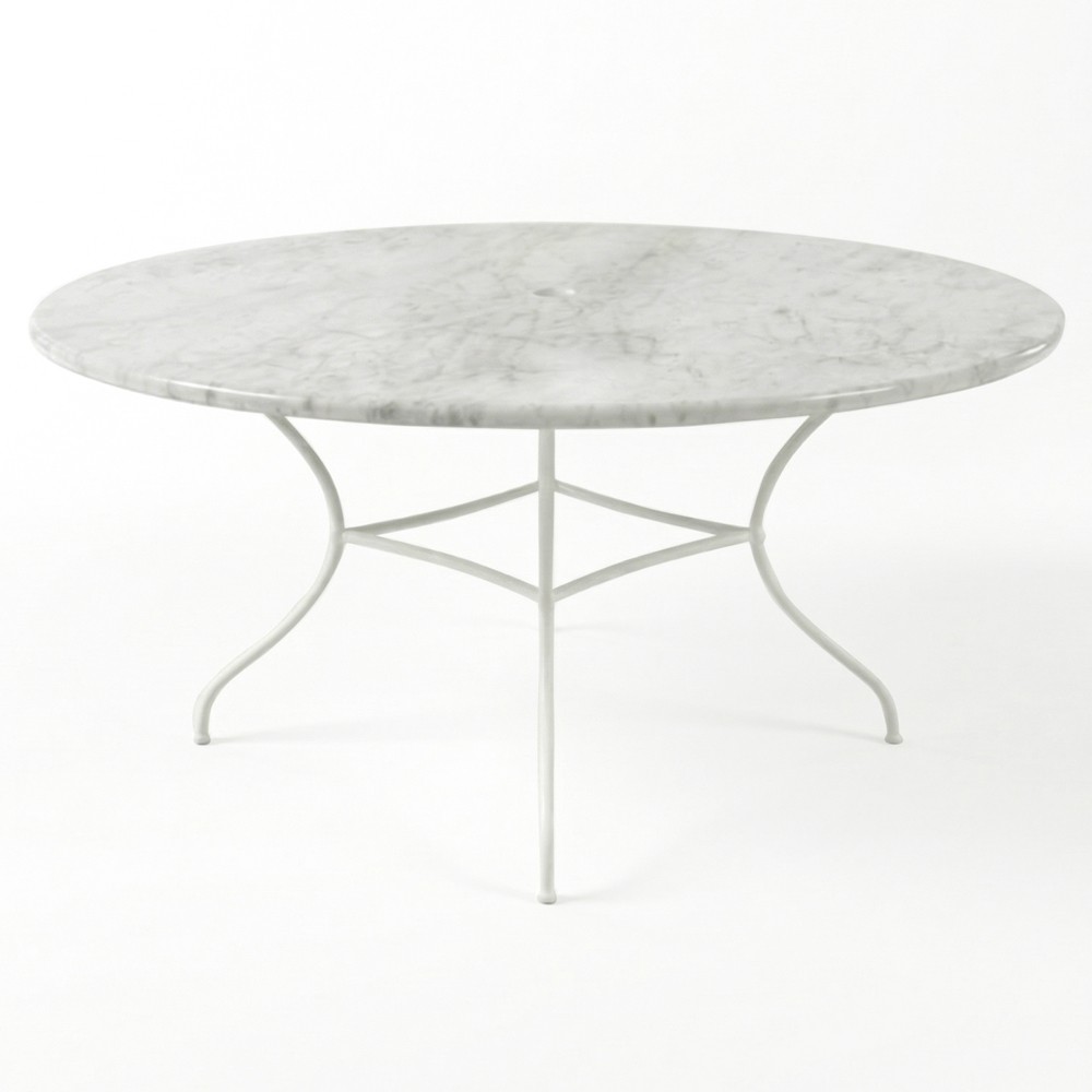 Clemence Carrara Marble White Iron Round Outdoor Dining Table - 60"|