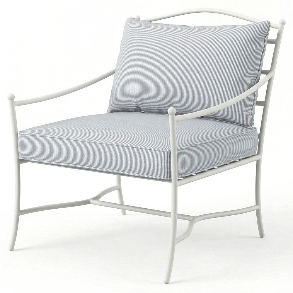 Clemence Sea Breeze Striped Sunbrella White Iron Outdoor Lounge Chair|