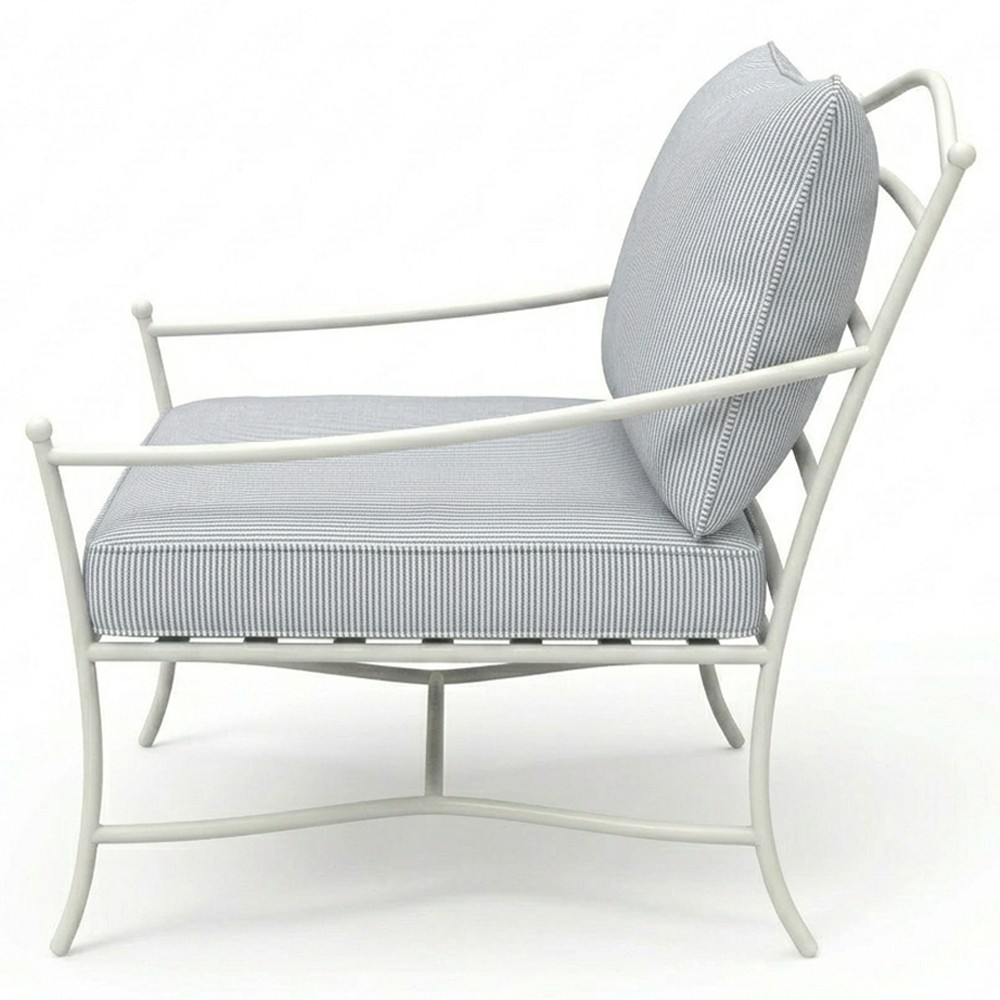 Clemence Sea Breeze Striped Sunbrella White Iron Outdoor Lounge Chair|