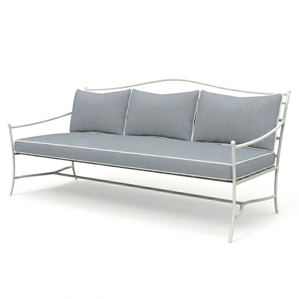 Clemence Blue Haze Sunbrella White Iron Outdoor Sofa - 83"|