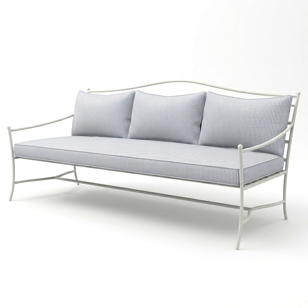 Clemence Sea Breeze Striped Sunbrella White Iron Outdoor Sofa - 83"|