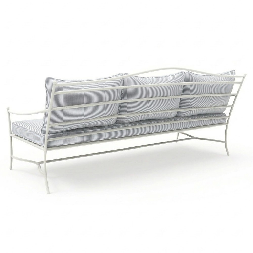 Clemence Sea Breeze Striped Sunbrella White Iron Outdoor Sofa - 83"|