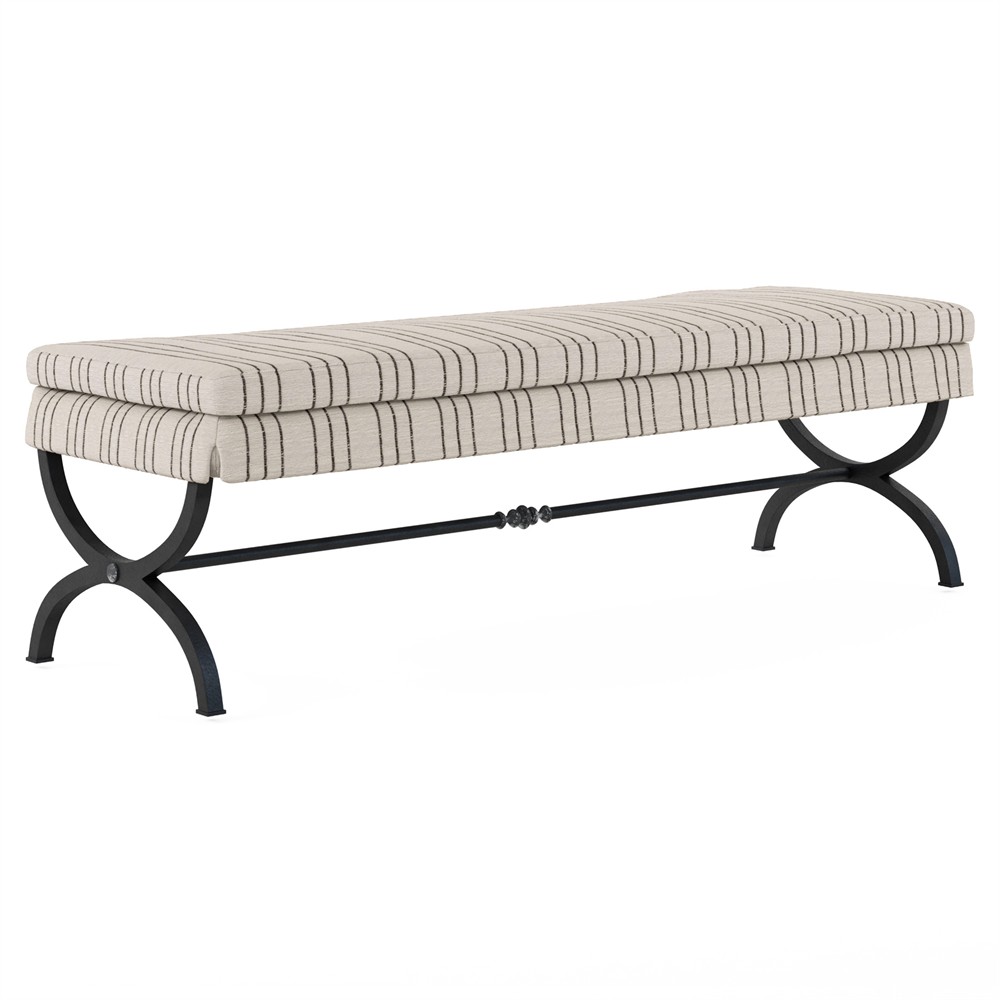 Caleb Updated Traditional Beige Stripe Burnished Brass Iron Bedroom Bench|