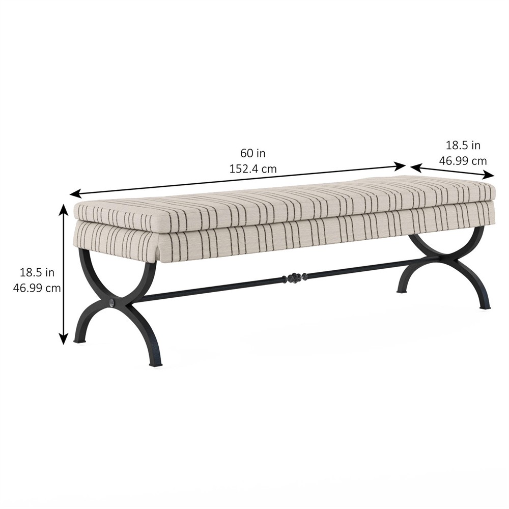 Caleb Updated Traditional Beige Stripe Burnished Brass Iron Bedroom Bench|
