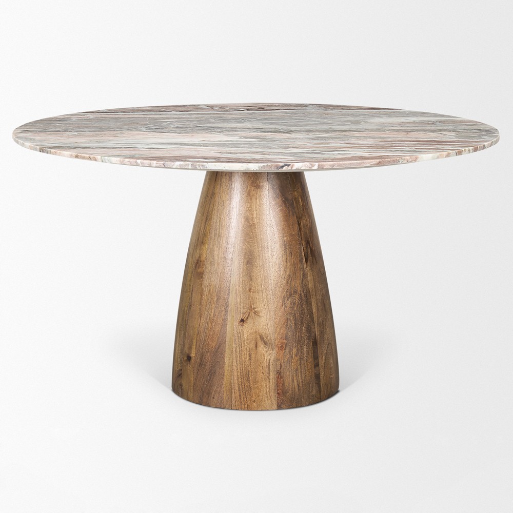 Albine Modern Classic Marble Brown Wood Round Dining Table- 54"|