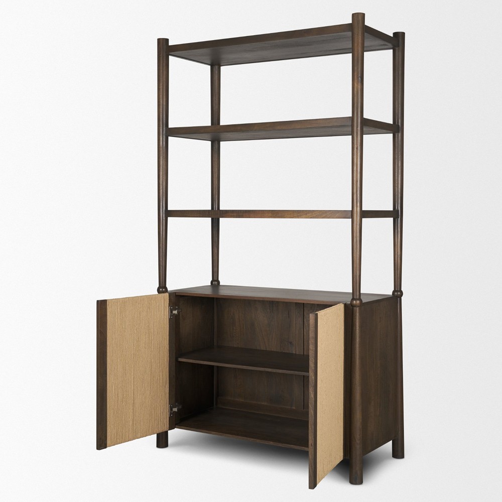 Delphia Coastal Beach Dark Brown Wood Woven Rope Bookcase|