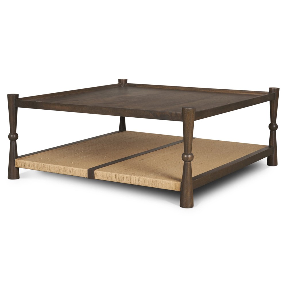 Delphia Coastal Dark Brown Wood Woven Rope Square Coffee Table|