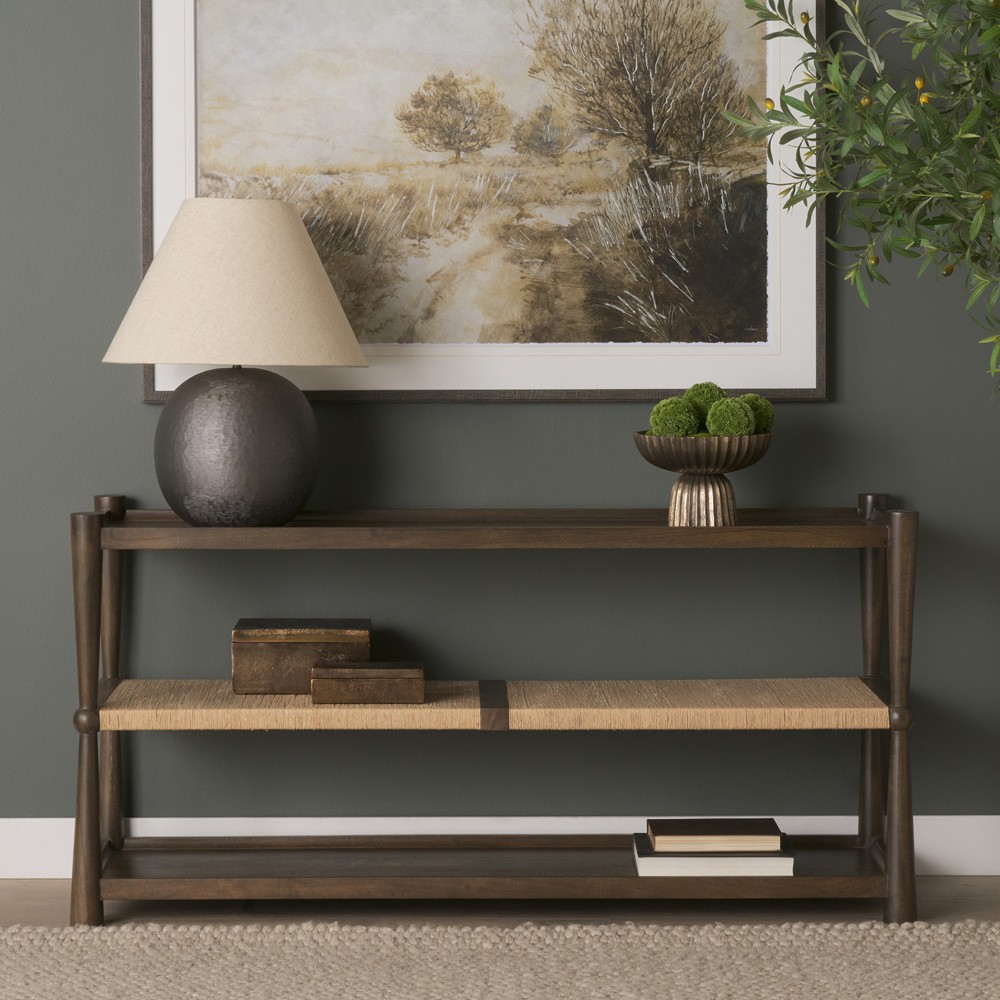 Delphia Coastal Beach Dark Brown Wood Woven Rope Console Table|
