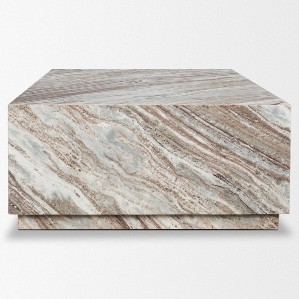 Aurelien Modern Classic Pink Marble Rectangular Block Coffee Table|
